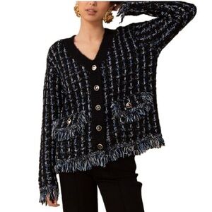 Hale Bob Black and Blue Jimena Boucle Cardigan Sweater